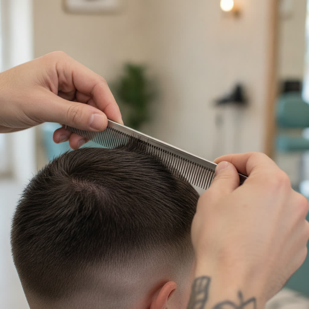 Barber prüft den Übergang mit dem Kamm